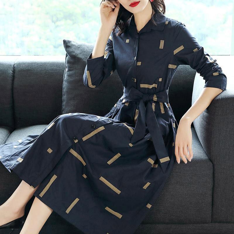 Spring Summer Women's Solid Color Dress Single-breasted Printed Large Swing Skirt Retro Temperament Shirt Mid-length Dress
