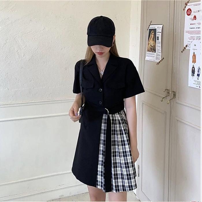 Irregular Plaid Black Dress Women's Cool Girl Summer Dress Short Sleeve Turn-down Collar Knee-length Dating Party Daily Wear