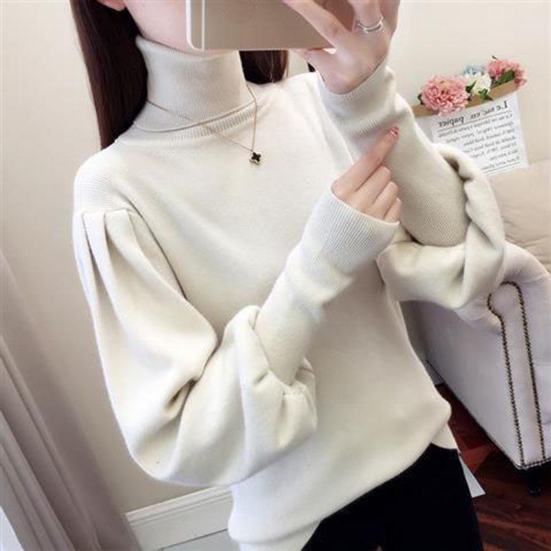 Women's Turtleneck Sweater Autumn Winter Lantern Sleeve Knit Top Loose Solid Color Pullover Sweater loose knitwear