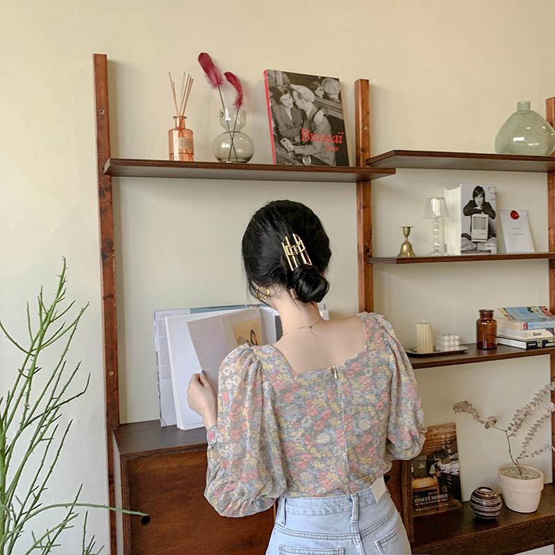 Korean Fashion Women Long Sleeve Floral Print Chiffon Square Neck Shirt Blouse Tops