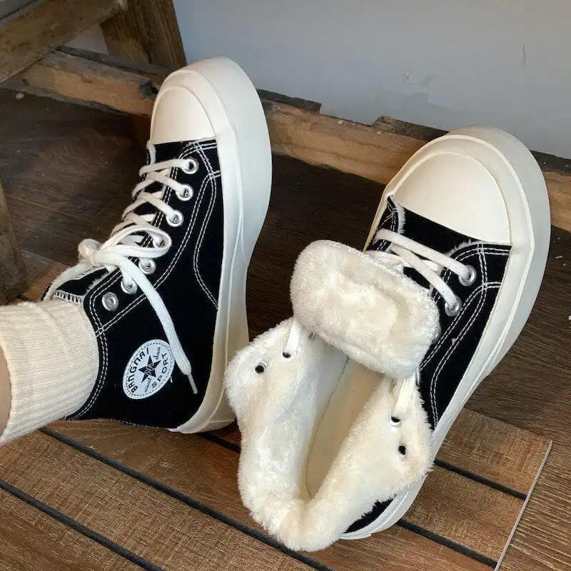 Round-toe Korean Cute Big-toe Cotton Shoes High-top Shoes Women Canvas Plus Velvet Thickening Heightening Platform Shoes