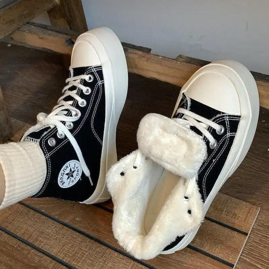 Round-toe Korean Cute Big-toe Cotton Shoes High-top Shoes Women Canvas Plus Velvet Thickening Heightening Platform Shoes