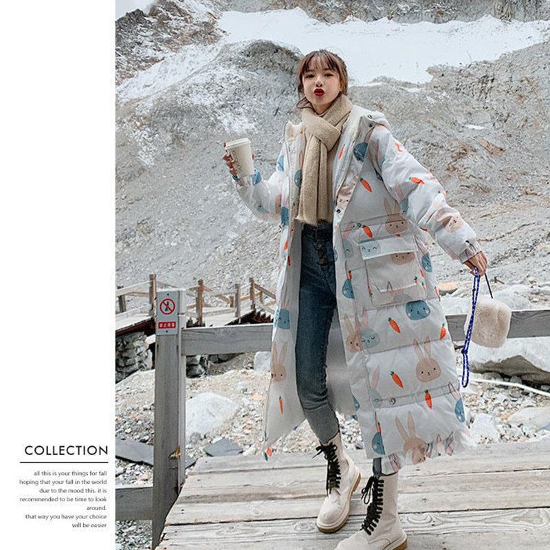 Cute Rabbit Ears Down Padded Jacket Women's Mid-length Thick Fishtail Padded Jacket Korean Style Loose Winter
