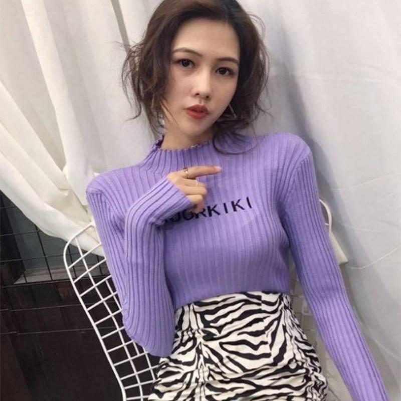 Pofulove Half Turtleneck Lettering Sweater Knit Sweater Top Retro Slim Long Sleeve Pullover