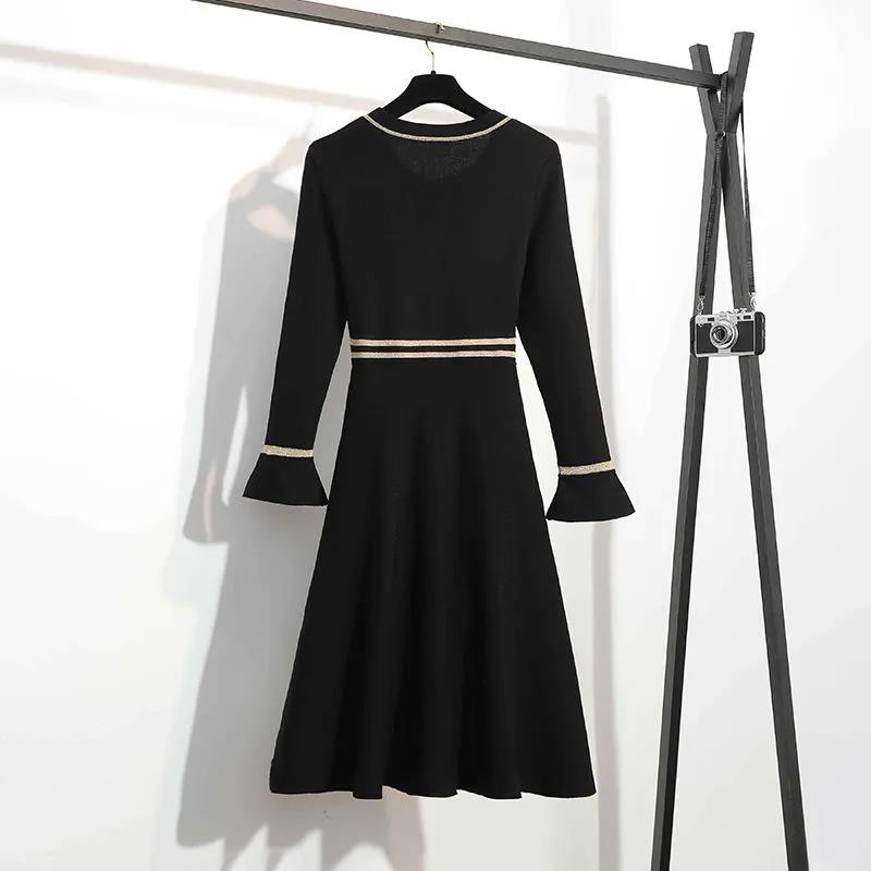 Black Round Neck Dress for Fall/winter 2021 Contrast Color Waist Knit A-line Dress Knitted Base Dress