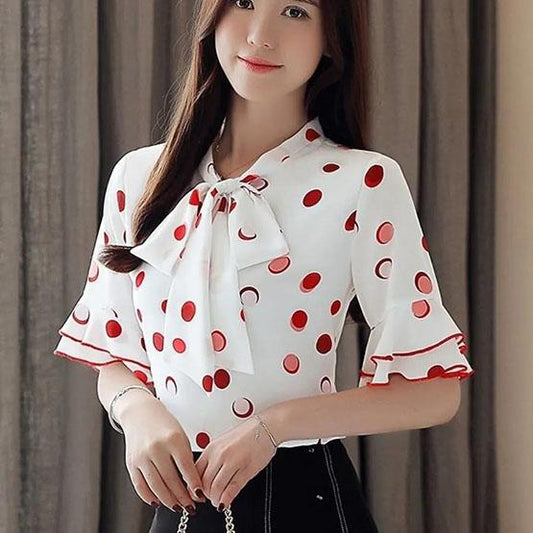 S-4XL Women's Spring Summer Short Sleeve Blouses Large Size Loose V-Neck Solid Color Slim Dots Print Tops