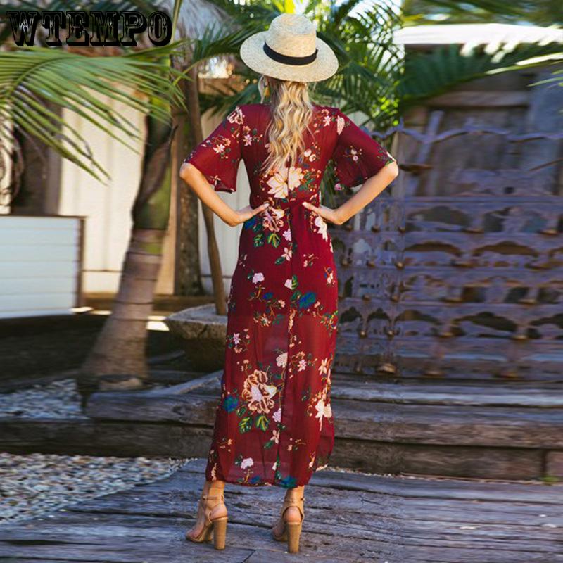 V-neck Chiffon Print Irregular Dovetail Split Bohemian Holiday Dress Long