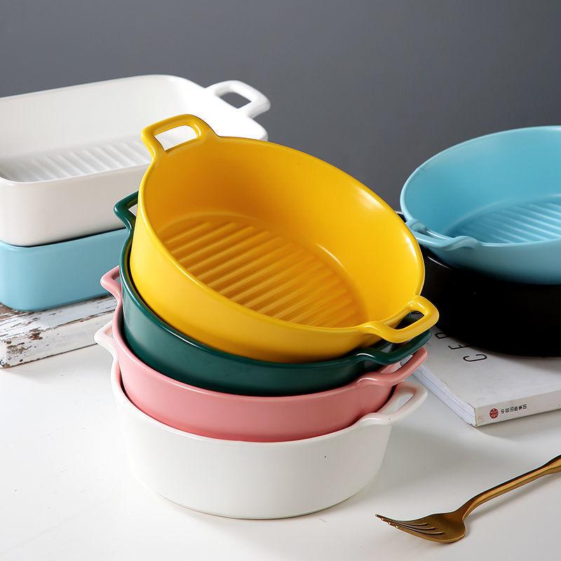 Net Red Binaural Baking Baking Bowl Baked Rice Bowl Dessert Bowl Fruit Salad Bowl Round Deep Plate Household Instant Noodle Bowl