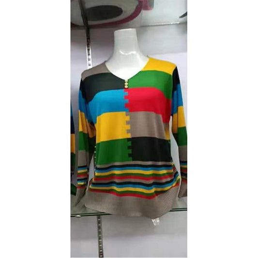 Contrast Color Plus Size Women's Striped Thin Loose Vintage Style Long Sleeve Knit