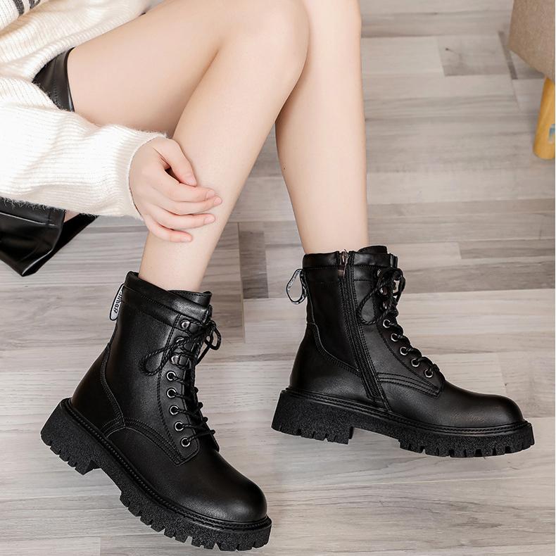 Leather Boots Women Winter Shoes Black Ankle Booties Platform Shoes Fashion Fall Shoes Flat Warm Fur Boots