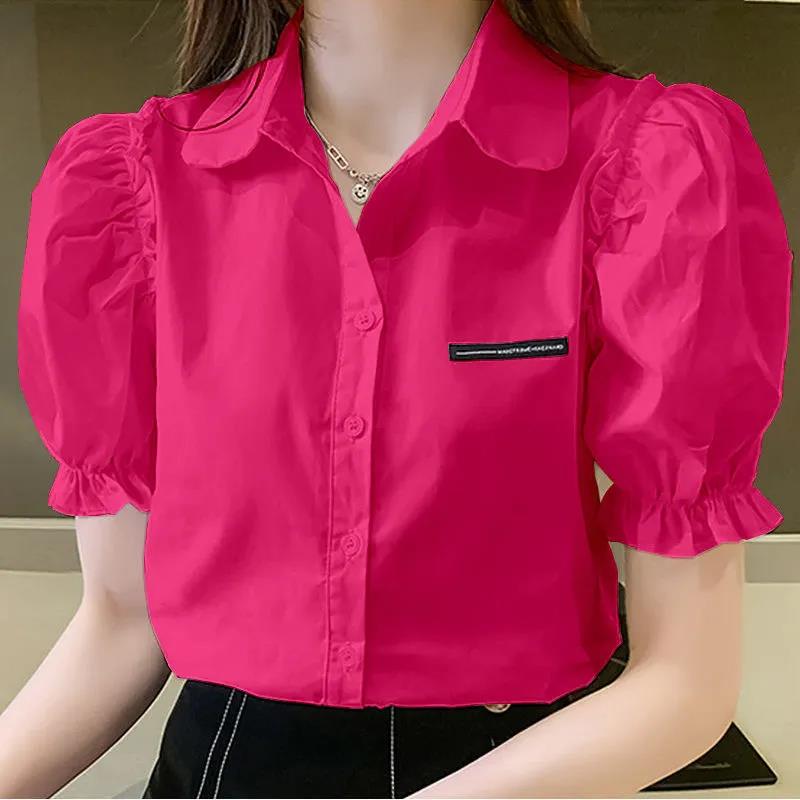 Summer Short Sleeve Women's Solid Color Puff Sleeve Polo Collar Shirt