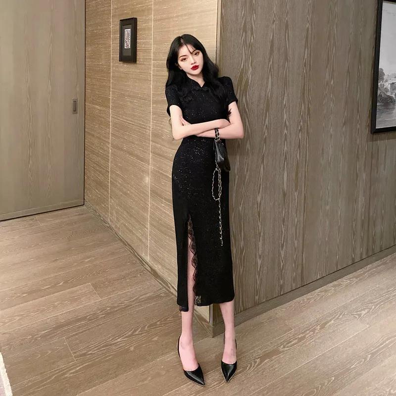 Female Vintage High Waist Black Holiday Dress Elegant Slim Stitching Split Lace Party Dress