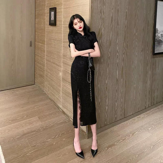 Female Vintage High Waist Black Holiday Dress Elegant Slim Stitching Split Lace Party Dress