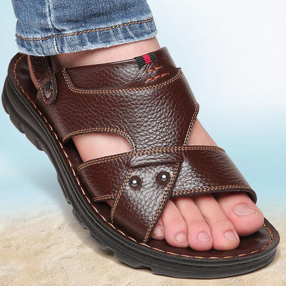 Men Leather Sandals Summer Classic Peep Toe Slippers Soft Sandals Men Roman Comfortable Outdoor Walking Footwear