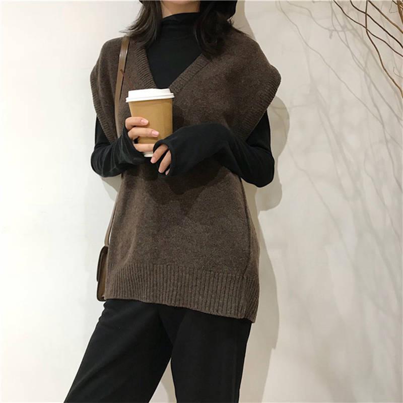 Pofulove Loose V-neck Knitted Vest Women's Autumn Winter Wear Sleeveless Vest Pullover Sweater