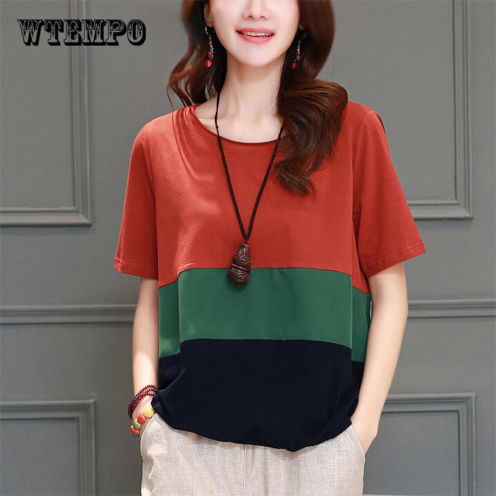 women's stitching  T-shirt Ladies Splice Short Sleeve Patchwork Color T-shirt tops summer