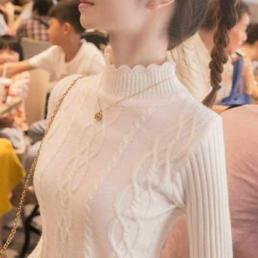 Women's Solid Color Warm Sweater Twist Knit Pullover Long Sleeve Lace Half Turtleneck Bottoming Shirt