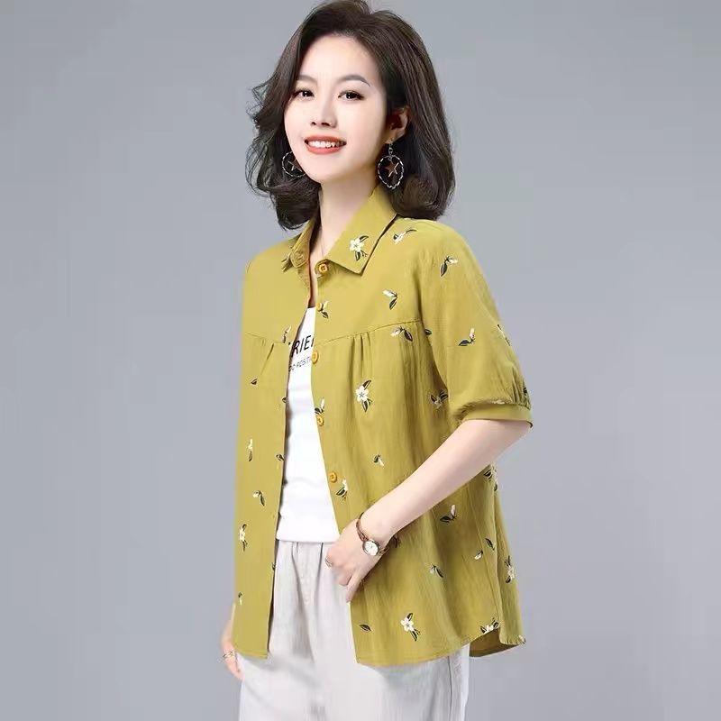 Pure Cotton Large Size Shirt Women's Loose Western Style Sleeve T-shirt Summer Middle-aged Mother's Top