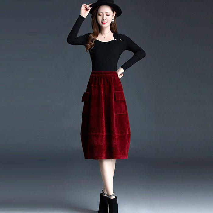 Autumn Winter Skirt Women Flower Bud Skirt Plus Size Corduroy Mid-length Skirt with Pockets