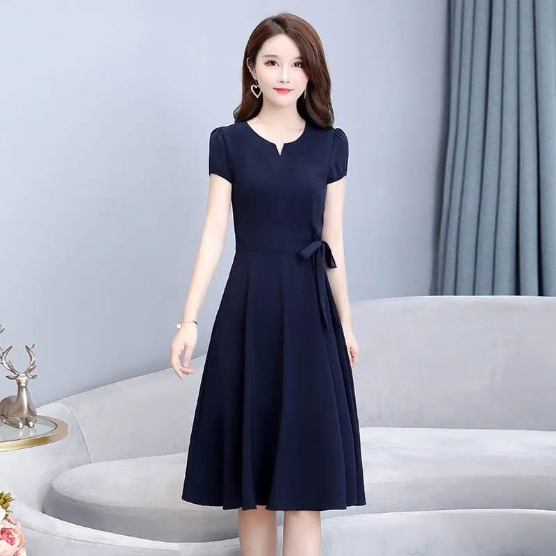 Summer Plus Size Women's Dress Mid-length Over-the-knee Belt Slim-fit A-line Long Dress