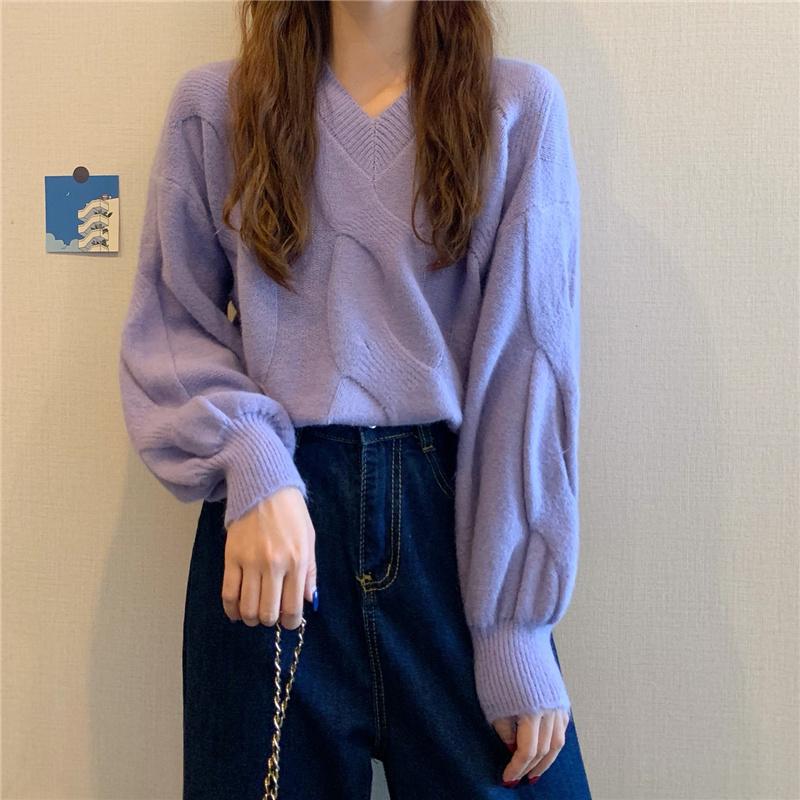 Winter Sweater Women V Neck Plus Size Loose Pullover Sweaters Purple Long Sleeve Knitted Jumper 2021 Fall Casual Fashion Women Sweaters