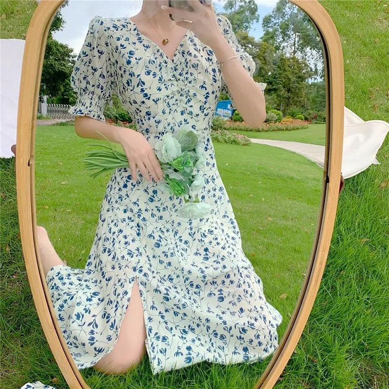 Women's Summer Long Dress V-neck Floral Puff Sleeve A-Line Dress