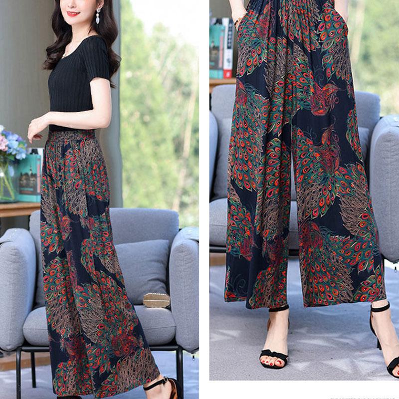 Ice Silk Wide-leg Pants Girls Summer Summer Middle-aged and Elderly Loose High Waist Slimming Plus Size Casual Nine-point Pants