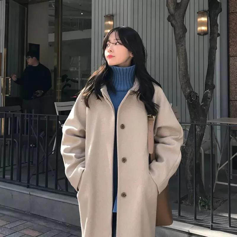 Woolen Coat Women's Long Autumn and Winter Loose Student Over-knee Hepburn Style Black Woolen Coat