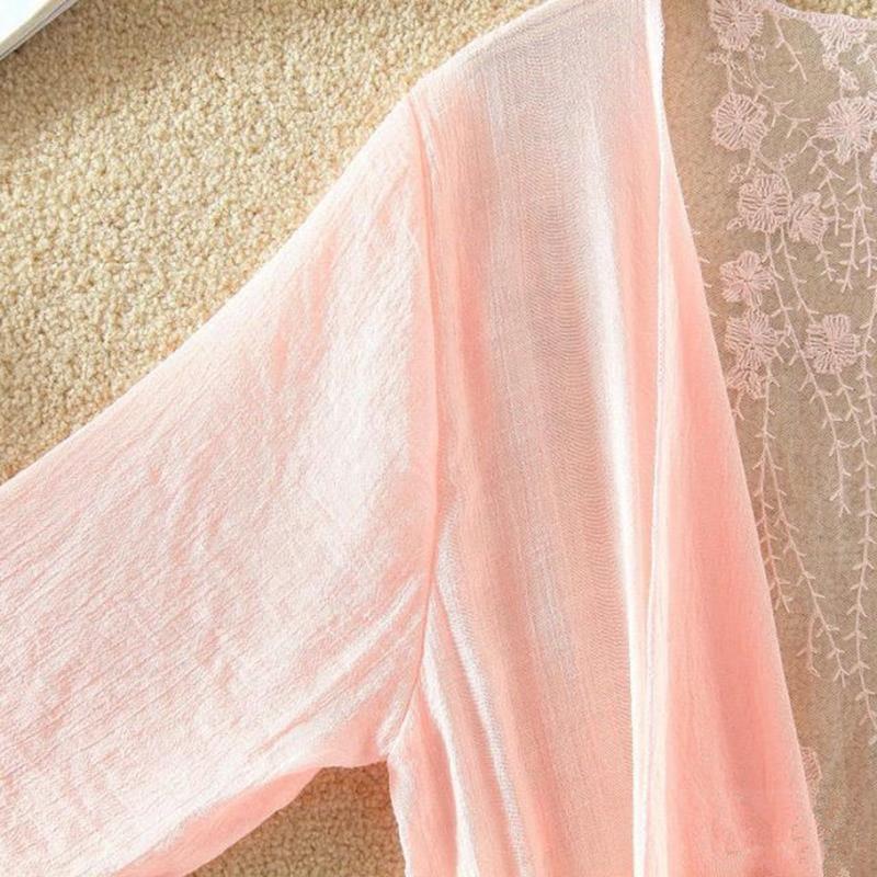 Women's Cotton and Linen Lace Sun Protection Thin Cardigan Beach Mid-length Plus Size Shawl Loose Top
