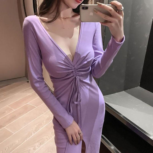 Sexy Royal Sister Dress Female Temperament Light Mature Wind Over The Knee Long Skirt Slit Drawstring V-neck Low-cut Thin Hip Skirt