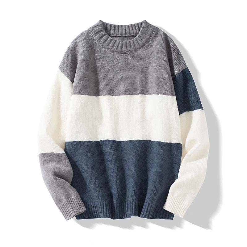 Men's Autumn and Winter Sweater Pattern Stitching Loose, Casual Men's Round Neck Pullover Type