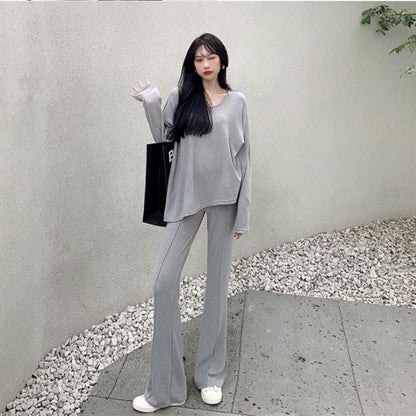 2PCS Women's Autumn Split Mid-Length Suit Casual Wide Long Sleeve Casual Sports Suit Loose Long Sleeve + High Waist Wide Leg Pants Two Piece Suit