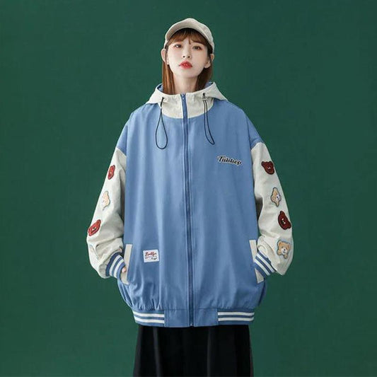 Zip-up Women Korean Style Hoodies Vintage Patckwork Long Sleeve Oversized Hooded Sweatshirt Lady Women Casual Large