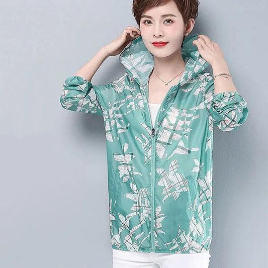 XL-5XL Women's Summer Long Sleeve Print Thin Hooded Sun Protection Jackets Female Spring Autumn Plus Size Loose Coats