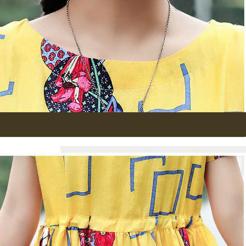 Women Ethnic Style Printed Dress Summer Loose Large Size Short-sleeved Literary Retro Waist Long Skirt