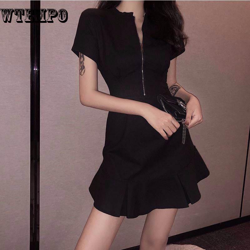 Dresses Women's Temperament Lazy Style Thin Ruffled Waist Black Skirt Zipper