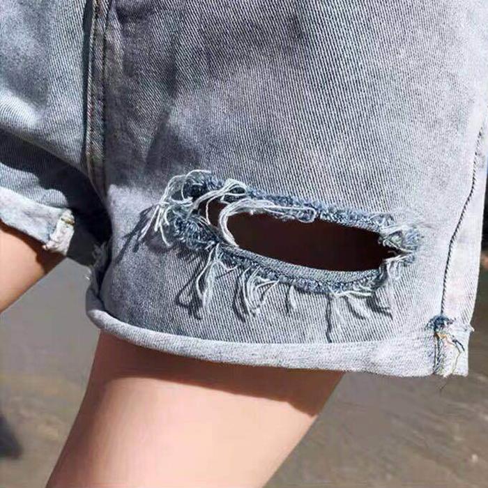 WTEMPO Women Loose  Solid Color Ripped Denim Shorts Spring and Summer Wide Leg A-line Thin Curled Bottom Casual Shorts