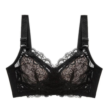 Women's Large Size Bra Full Cups Breathable No Steel Ring Bra Ultra-thin Soft Sexy Floral Lace Transparent Brassiere Hollow Out Adjustable Underwear