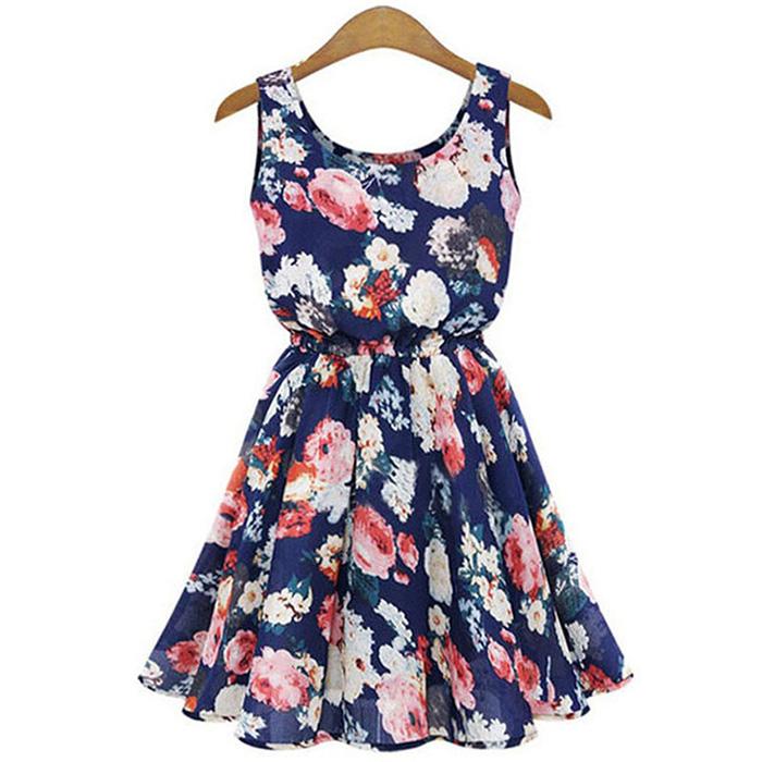 Women A-line Chiffon Dress Summer Sleeveless Round Neck Elastic Waist Floral Large Size Mid-length Skirt