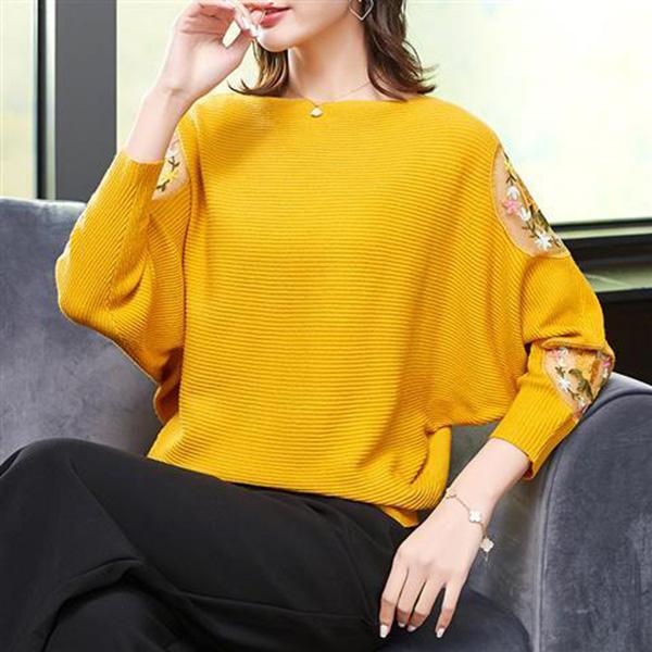 Outer Wear Loose Bat Sleeve Knit Sweater Large Size Lace Casual Sweater Spring and Autumn Print Top Coat