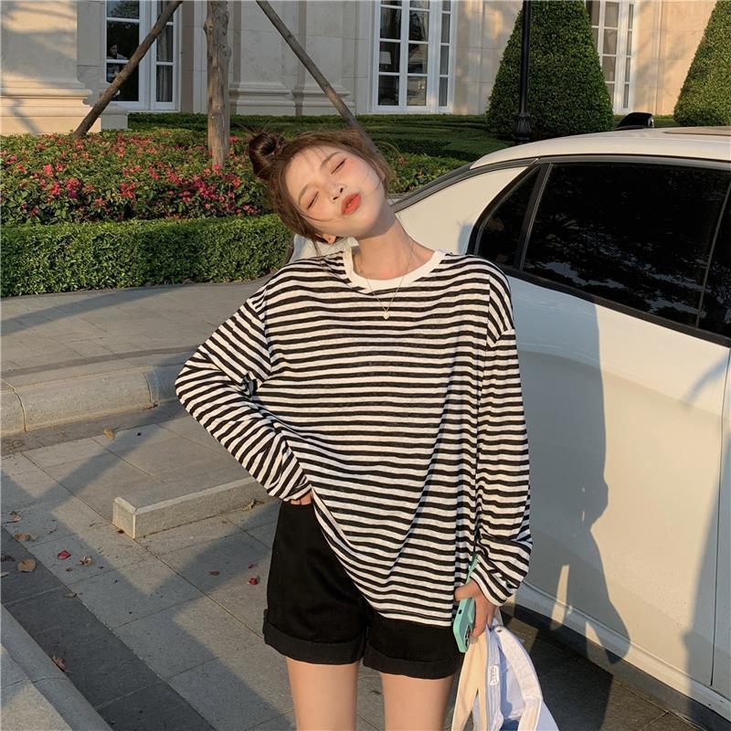 Fall Version of striped Loose Simple Long-sleeved T-shirt Women Simple top Blouse Tee