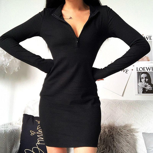 Pure Color Slim Zipper Dress Fashion Casual Sweater Autumn and Winter Women Bag Hip Skirt