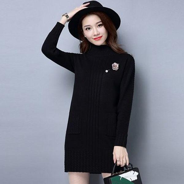 Mid-length Loose Dress In Autumn and Winter Casual Knitted Pullover Base Skirt Half-high Collar Thickened Female Sweater Dress