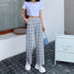 Women's Summer Plaid Trousers Korean Style Japanese Loose Thin Wide-leg Pants All-match Straight Casual Pants Retro High Waist Elastic Pants