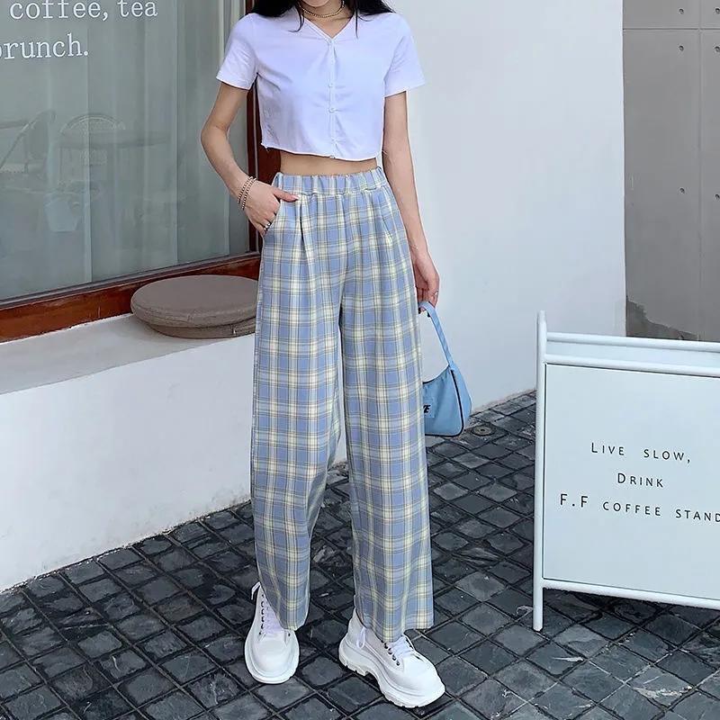 Women's Summer Plaid Trousers Korean Style Japanese Loose Thin Wide-leg Pants All-match Straight Casual Pants Retro High Waist Elastic Pants