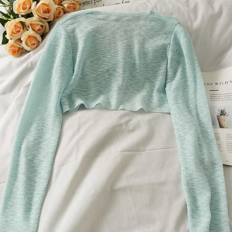 Blouse Women's Knitted Blouse Small Irregular Short Section Knotted Thin Section Summer V-neck Long-sleeved Women’s Tops