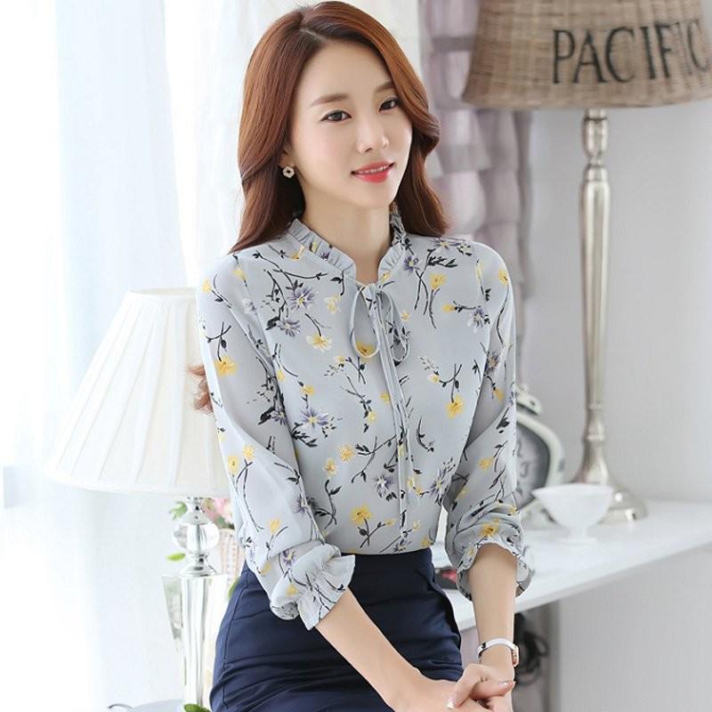 Fashion Floral Tops Blouses Women Long Sleeve Shirts Print Chiffon Blouse Women