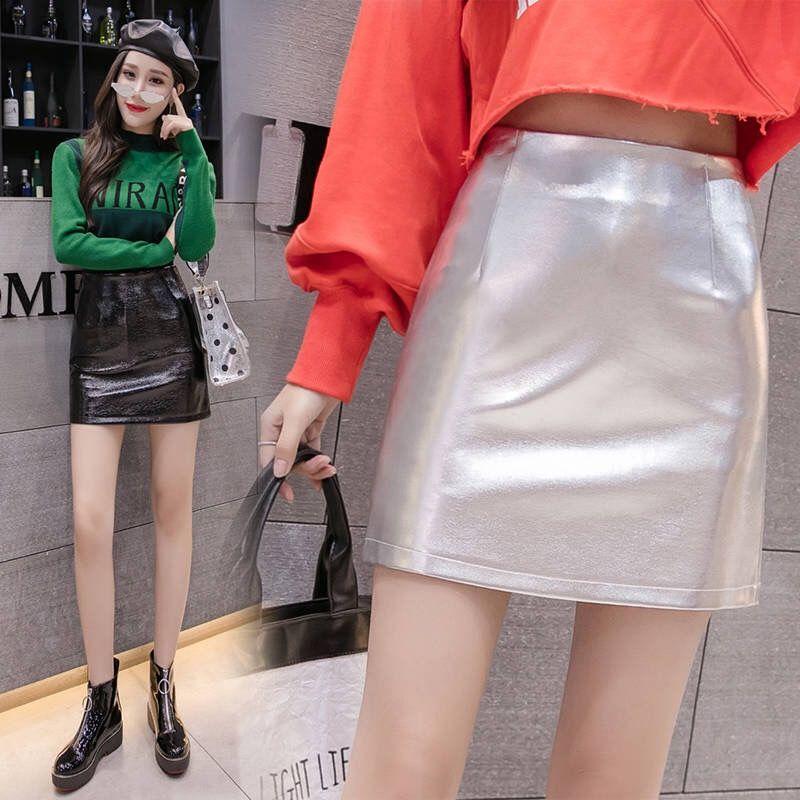 S-XXL Leather Skirt Women's Sexy PU Leather Glossy Zipper Split Mini Skirt Mid Waist A-line Skirts