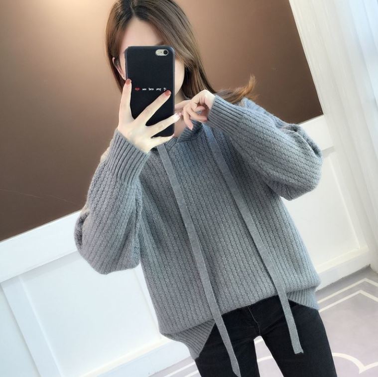 Women's Winter Solid Color Hooded Pullover Sweater Lazy Wind Loose Large Size Mid Length Knit Sweater