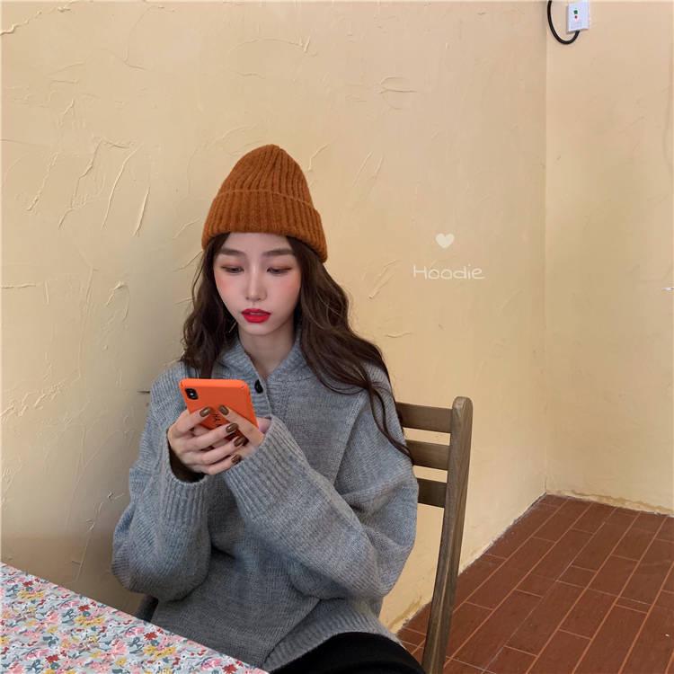 Pofulove Sweater Female Students  Loose Long-sleeved Knitted Winter New Candy-colored Hooded